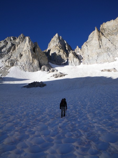 Justin heading up the glacier towards Matterhorn Peak