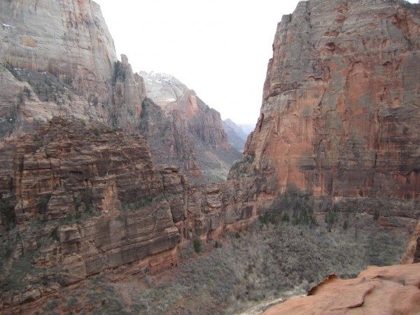 View down canyon from the bivy ledge on Touchstone, Zion NP